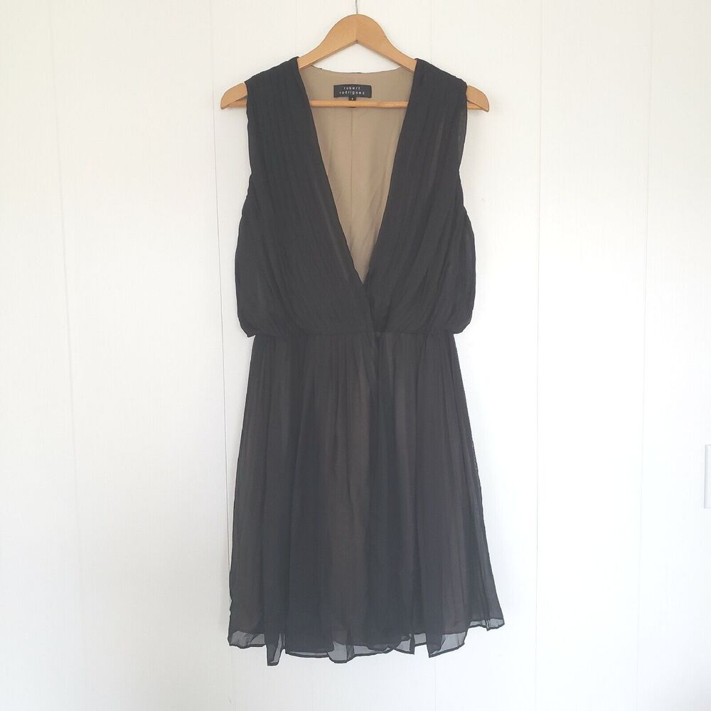 Robert Rodriguez Black Silk Lace Strapless Pleated Dress Size 8 Medium V Neck